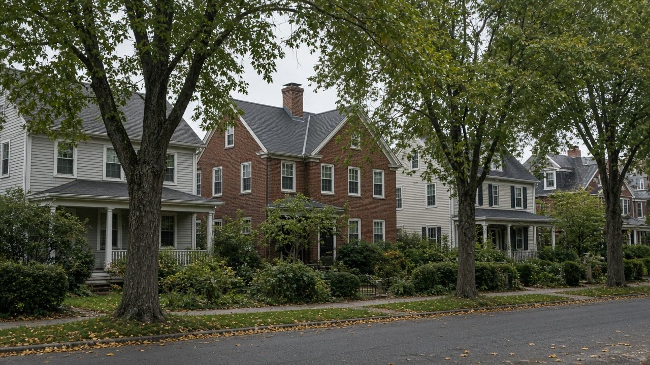 Overcast New England two or three-family street exterior for town pages