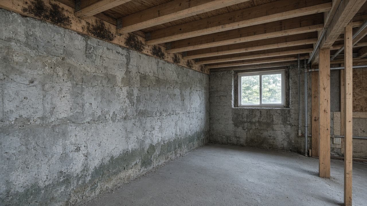 Unfinished wood-frame basement with cold concrete foundation wall, exposed joists and ground-level window, Cambridge MA