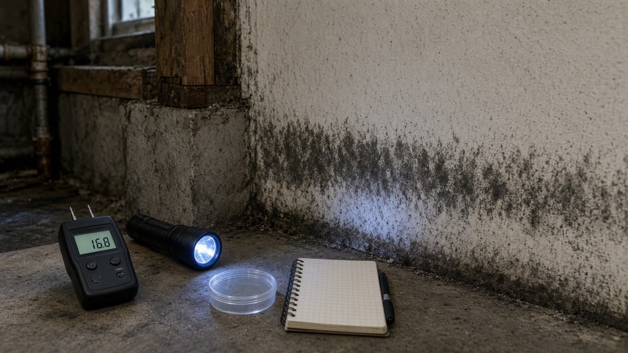 Moisture meter, flashlight, petri dish and notebook on a concrete floor beside dark growth on a basement wall