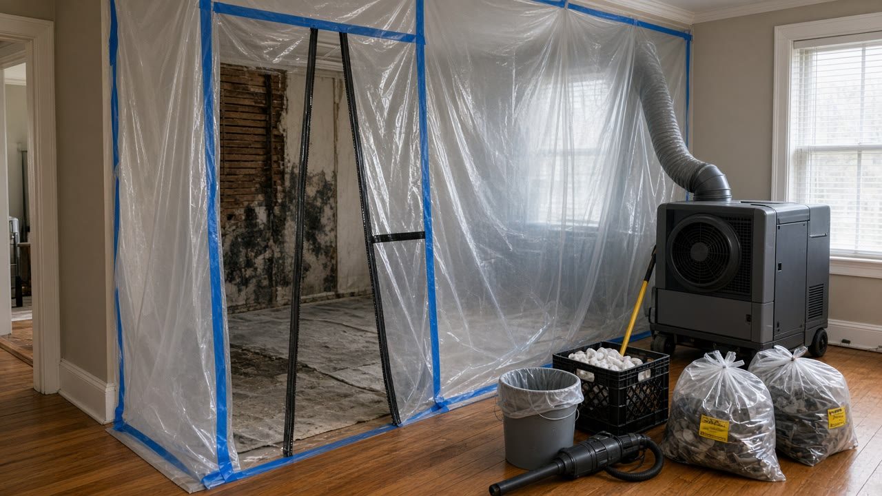 Containment sheeting and remediation tools in a residential work area
